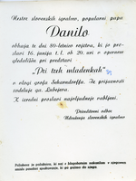 Vabilo k proslavi 80-letnice rojstva Antona Cerarja - Danila - Ljubljana, 16. 6. 1939.
Fotografija je last: SLOGI (SGM).
Neg.: S.XXX,18. Sig. 22